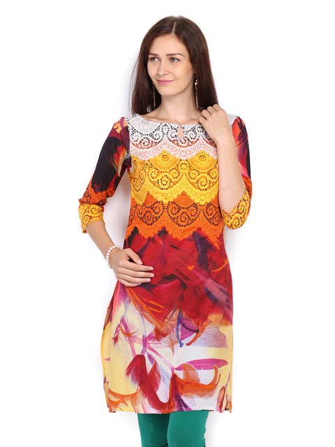 

Rain & Rainbow Multicoloured Printed Kurta with Lace Detail, Multi