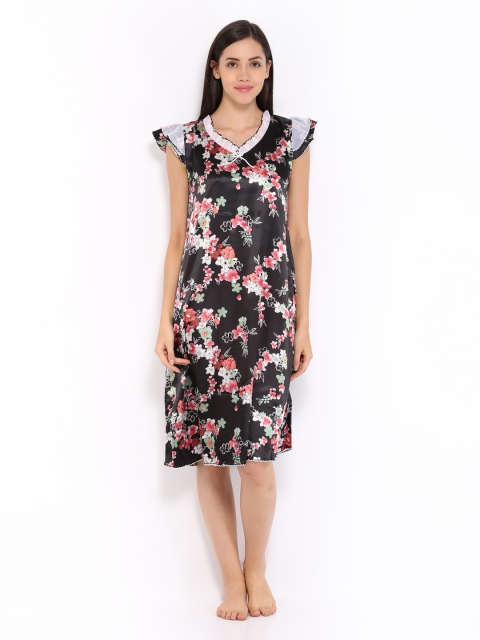 

Red Rose Black Printed Satin Maxi Babydoll Nightdress 9006