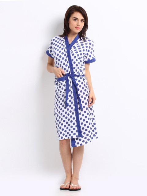 

Red Rose Women White & Blue Polka Dot Print Bath Robe