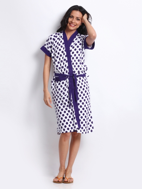 

Red Rose Women White & Purple Polka Dot Print Bath Robe