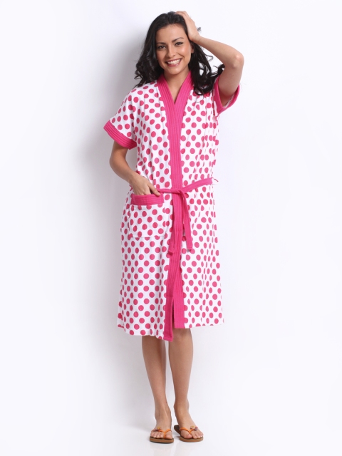 

Red Rose Women White & Pink Polka Dot Print Bath Robe