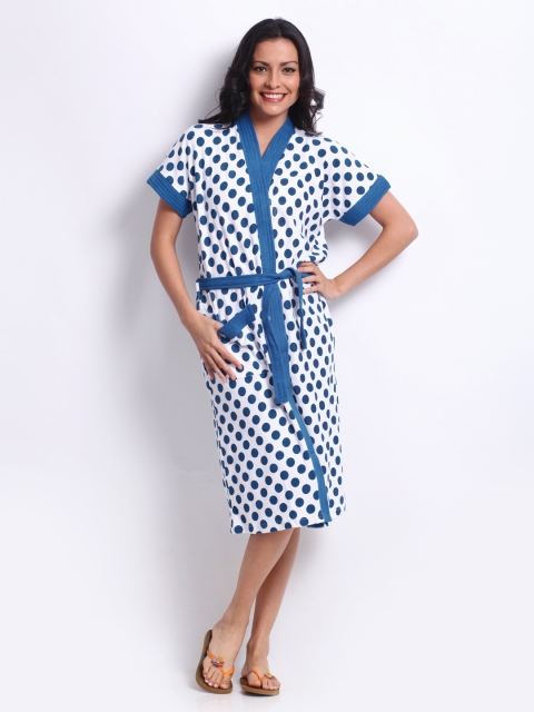 

Red Rose Women White & Blue Polka Dot Print Bath Robe