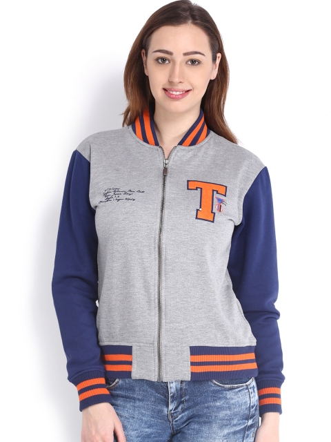 

Tokyo Talkies Women Grey Melange Varsity Sweatshirt