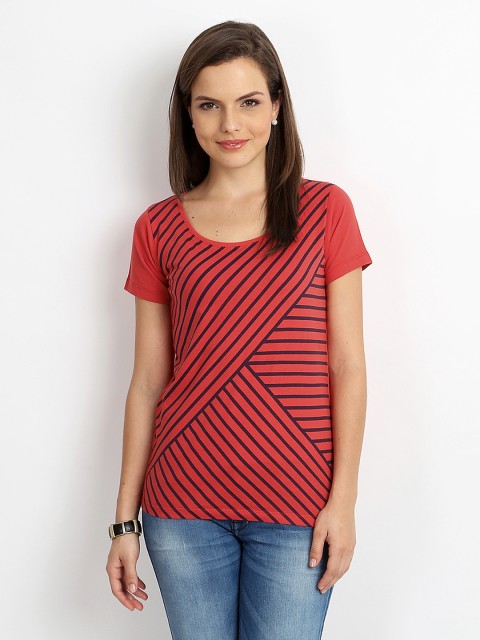 

Tokyo Talkies Women Red Striped T-shirt