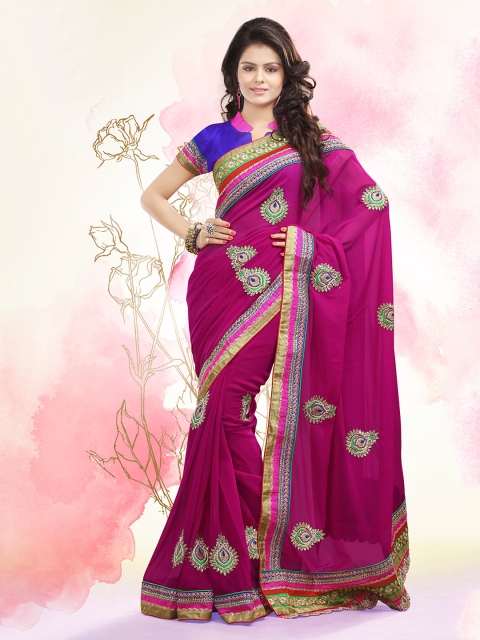 

Touch Trends Magenta Embroidered Jacquard Partywear Saree