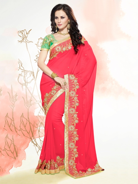

Touch Trends Red Embroidered Jacquard Partywear Saree
