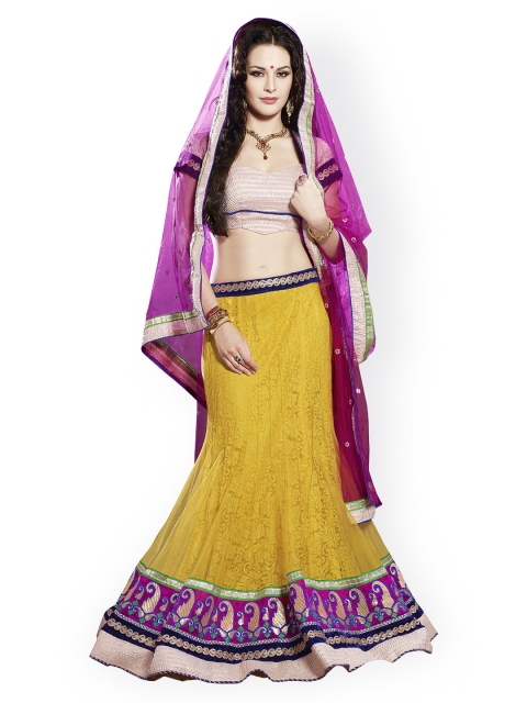 

Touch Trends Yellow & Pink Net Semi-Stitched Lehenga Choli with Dupatta