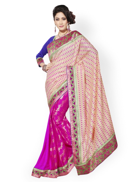 

Touch Trends Beige & Pink Printed Banarasi Jacquard Partywear Saree