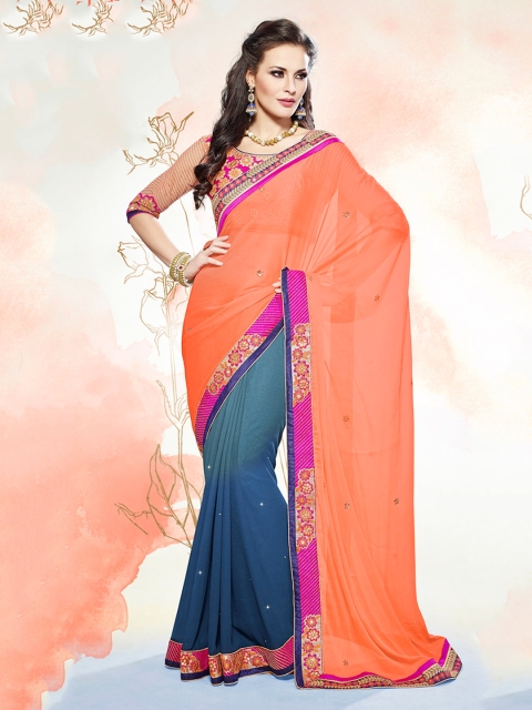 

Touch Trends Orange & Navy Embroidered Jacquard Partywear Saree
