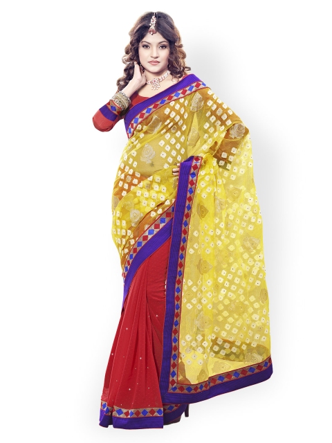 

Touch Trends Yellow & Red Patola Jacquard & Georgette Partywear Saree