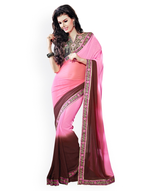 

Touch Trends Pink & Maroon Embroidered Georgette Partywear Saree