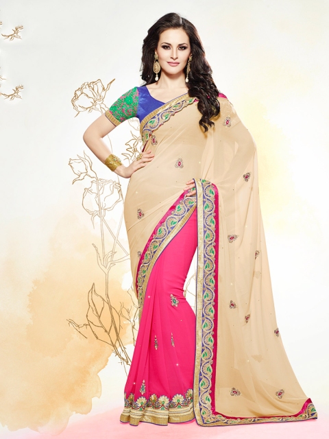 

Touch Trends Cream-Coloured & Pink Jacquard Partywear Saree
