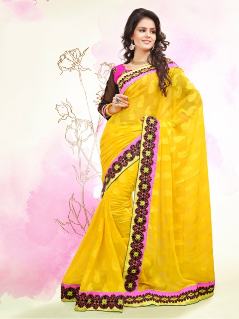 

Touch Trends Yellow Embroidered Jacquard Partywear Saree