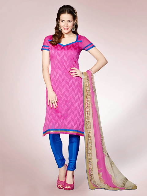 

Touch Trends Pink & Blue Chanderi Cotton Unstitched Dress Material