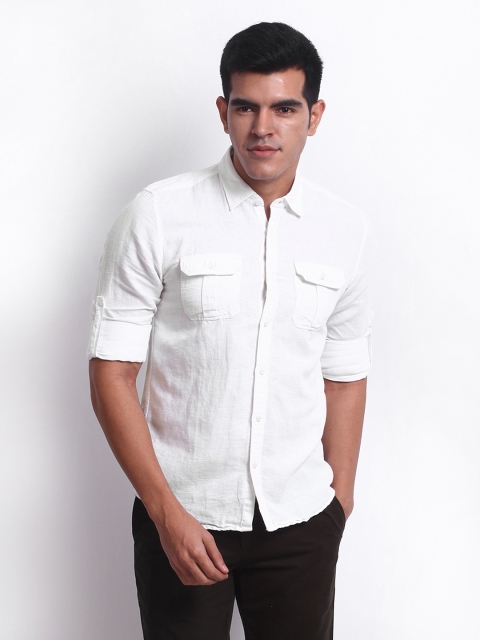 

Turtle Men White Linen Blend Slim Fit Casual Shirt