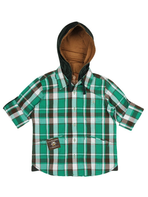 

U.S. Polo Assn. Kids Boys Green and White Hooded Checked Shirt