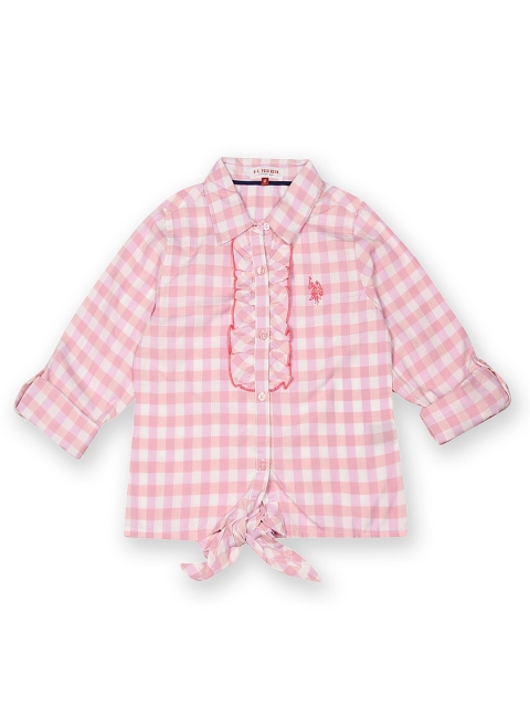 

U.S. Polo Assn. Kids Girls Pink & White Checked Tie-Up Top