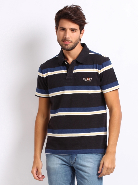 

U.S. Polo Assn. Denim Co. Men Black Blue Striped Polo Pure Cotton T-shirt