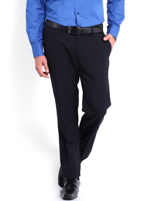 

U.S. Polo Assn. Men Black & Blue Striped Woollen Tapered Fit Formal Trousers