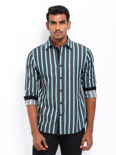 

U.S. Polo Assn. Men Blue & Green Striped Tailored Fit Casual Shirt, Navy blue