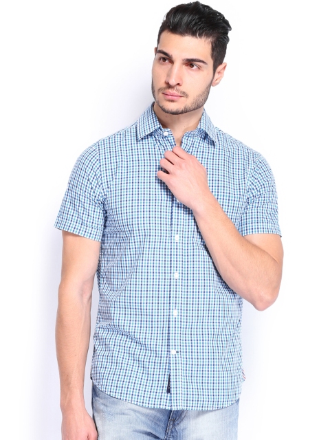 

U.S. Polo Assn. Men Blue & White Checked Tailored Fit Casual Shirt