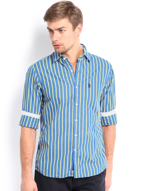 

U.S. Polo Assn. Men Blue & Yellow Striped Tailored Fit Casual Shirt