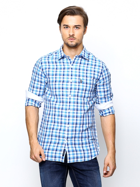 

U.S. Polo Assn. Men Blue Checked Linen Blend Tailored Fit Casual Shirt