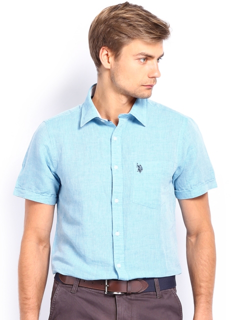 

U.S. Polo Assn. Men Blue Linen Tailored Fit Smart Casual Shirt