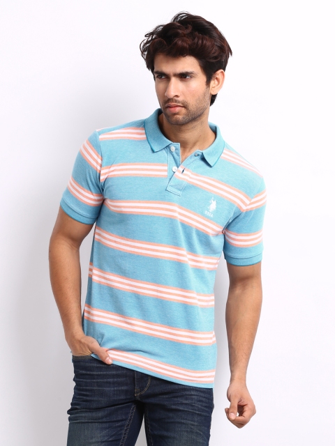 

U.S. Polo Assn. Men Blue Striped Pique Polo Pure Cotton T-shirt