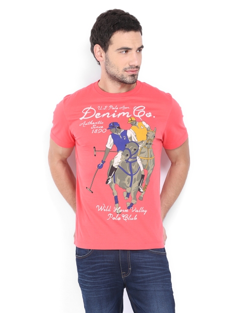 

U.S. Polo Assn. Denim Co. Men Coral Pink Printed Pure Cotton T-shirt