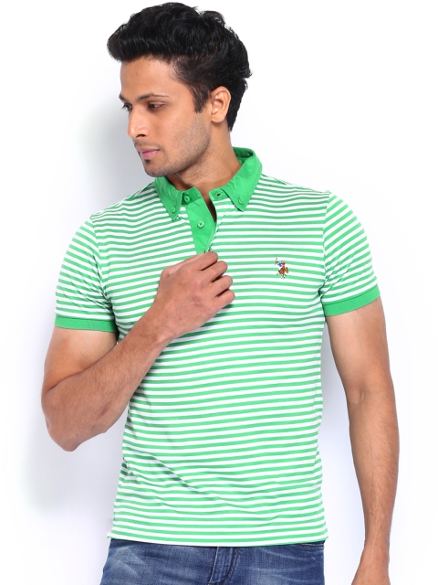 

U.S. Polo Assn. Men Green White Striped Polo Pure Cotton T-shirt