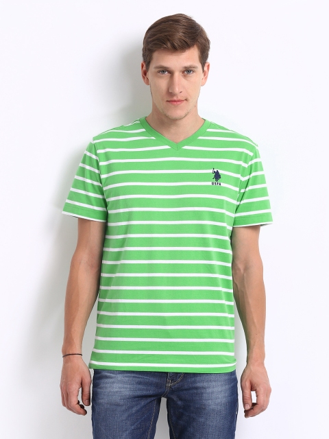 

U.S. Polo Assn. Men Green White Striped Pure Cotton T-shirt