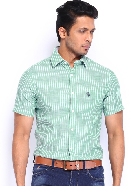 

U.S. Polo Assn. Men Green & White Striped Tailored Fit Casual Shirt
