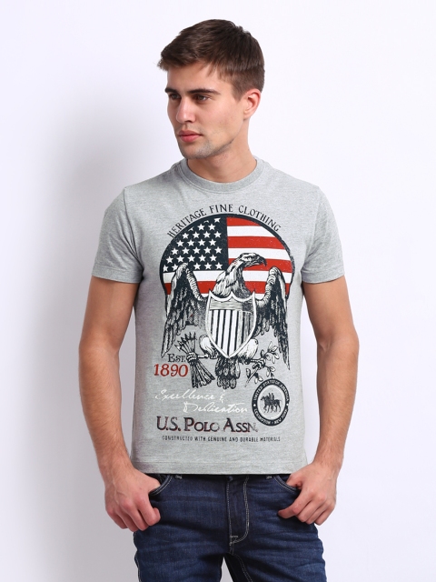 

U.S. Polo Assn. Denim Co. Men Grey Melange Printed Pure Cotton T-shirt
