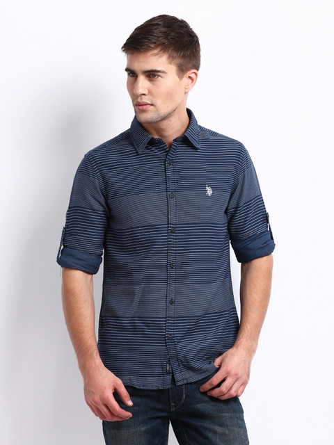

U.S. Polo Assn. Denim Co. Men Navy & White Striped Slim Fit Casual Shirt, Navy blue