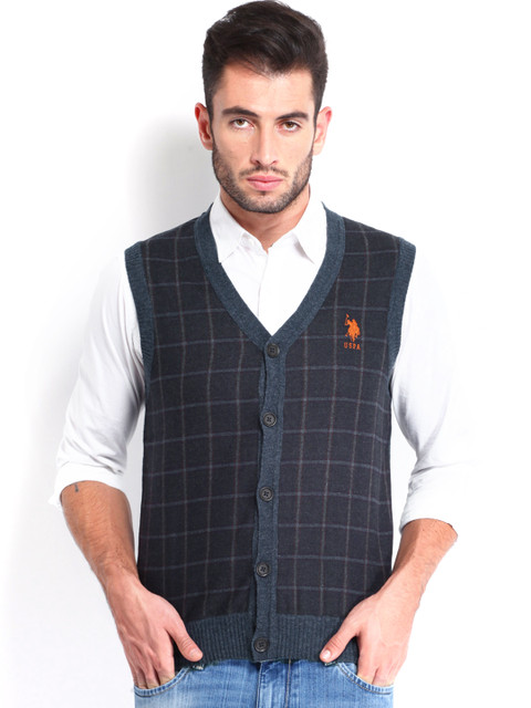 

U.S. Polo Assn. Men Navy Checked Woollen Cardigan, Navy blue