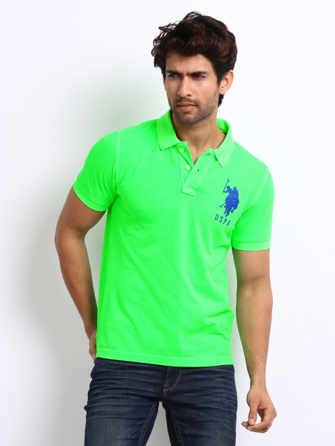 

U.S. Polo Assn. Denim Co. Men Neon Green Pique Polo Pure Cotton T-shirt, Fluorescent green