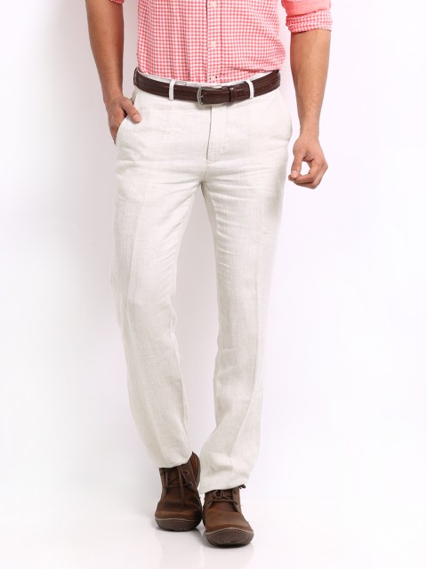

U.S. Polo Assn. Men Off-White Herringbone Slim Linen Blend Smart-Casual Trousers
