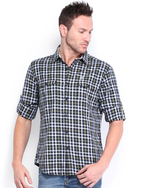 

U.S. Polo Assn. Denim Co. Men Olive Green & White Checked Slim Fit Casual Shirt