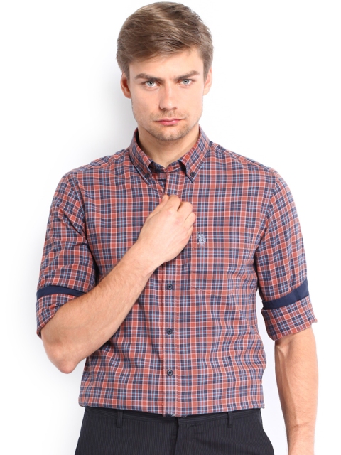 

U.S. Polo Assn. Men Orange & Blue Checked Tailored Fit Casual Shirt