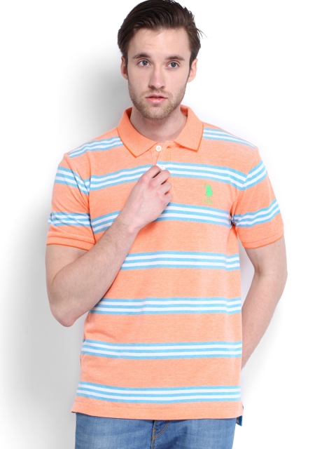 

U.S. Polo Assn. Men Peach-Coloured & White Striped Polo T-shirt
