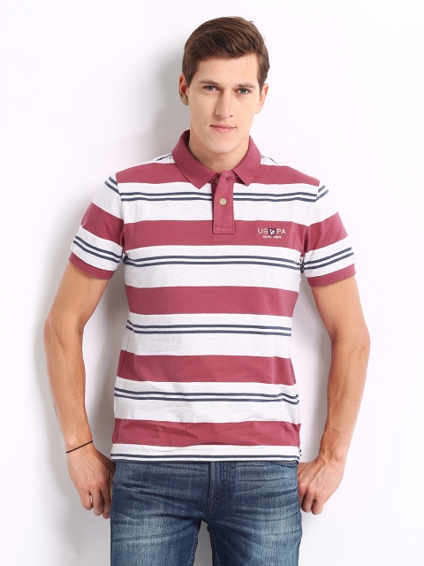

U.S Polo Assn. Men Pink & Grey Melange Striped Polo T-shirt