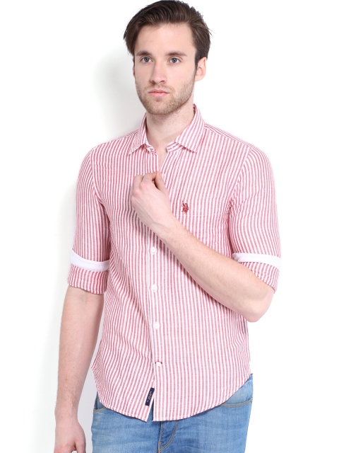 

U.S. Polo Assn. Men Red & White Linen Striped Tailored Fit Smart Casual Shirt
