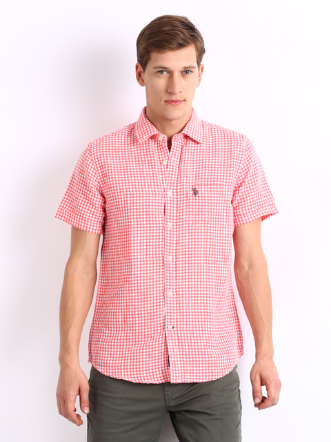 

U.S. Polo Assn. Men Red & White Gingham Checked Linen Blend Casual Shirt