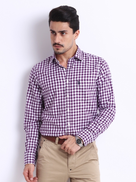 

U.S Polo Assn. Men White & Purple Checked Tailored Fit Smart-Casual Shirt
