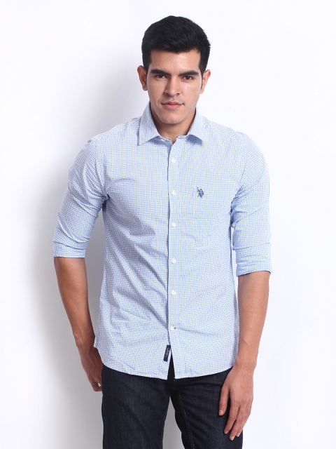 

U.S Polo Assn. Men Blue & White Checked Tailored Fit Casual Shirt
