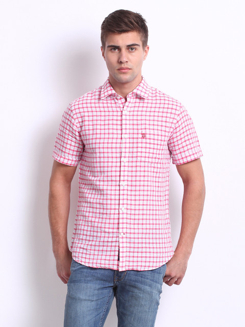 

U.S. Polo Assn. Men White & Pink Checked Linen Blend Tailored Fit Casual Shirt