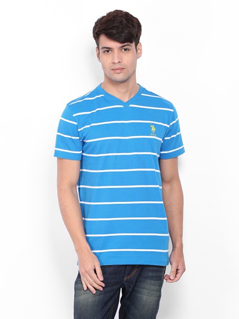 

U.S. Polo Assn. Men Blue White Striped Pure Cotton T-shirt