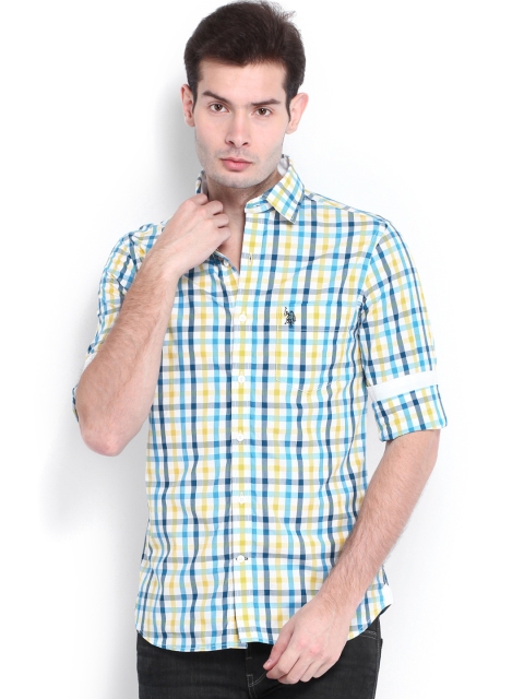 

U.S. Polo Assn. Men White & Blue Checked Tailored Fit Smart Casual Shirt