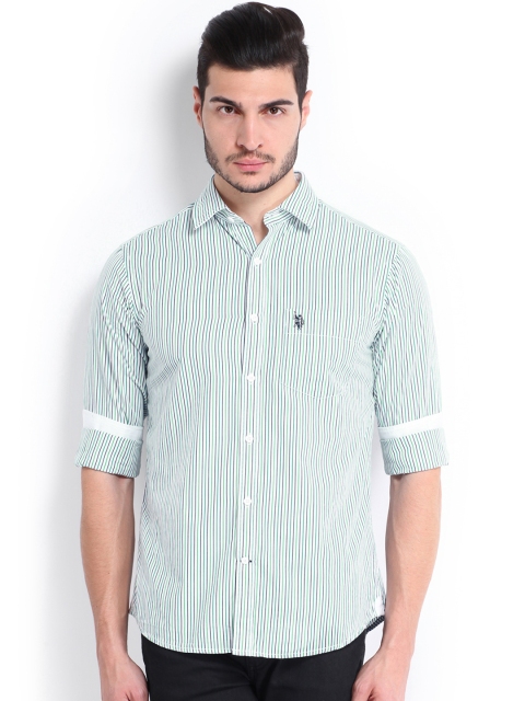 

U.S. Polo Assn. Men White & Green Striped Tailored Fit Smart Casual Shirt